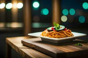 a plate of spaghetti with tomato and cucumber on a wooden table. AI-Generated photo