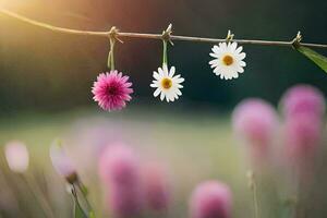 three daisies hanging from a branch in a field. AI-Generated photo