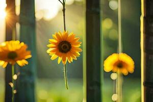 sunflowers hanging from bamboo poles in the sun. AI-Generated photo