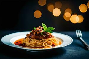 a plate of spaghetti with meat and sauce on a table. AI-Generated photo