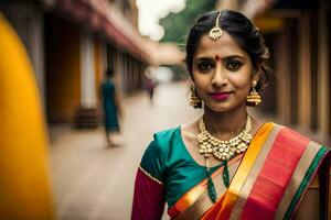 a woman in traditional sari with gold jewelry. AI-Generated photo