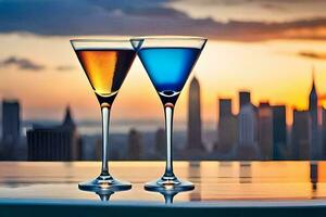 two martini glasses with colorful drinks on a table in front of a city skyline. AI-Generated photo