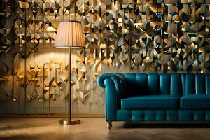 a blue leather couch in front of a gold wall. AI-Generated photo