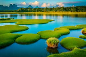 the green grass and water in the river. AI-Generated photo