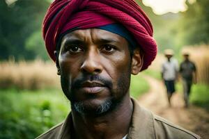 a man wearing a red turban and a red shirt. AI-Generated photo