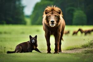 un león y un perro en pie en un campo. generado por ai foto