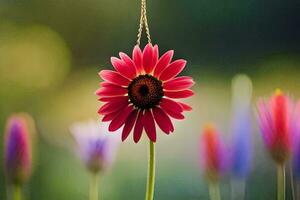 a red flower is hanging from a chain. AI-Generated photo