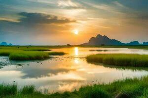 the sun sets over a marshy field and mountains. AI-Generated photo
