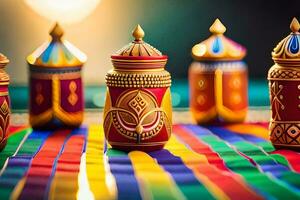 colorful diyas on a colorful tablecloth. AI-Generated photo