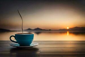 coffee cup, the sky, sunrise, the lake, the mountains, the sunrise, the. AI-Generated photo
