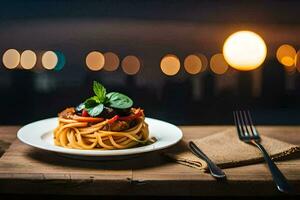 a plate of spaghetti with tomato and basil on a wooden table. AI-Generated photo