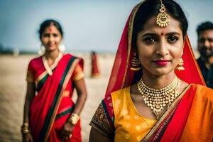 un mujer en tradicional indio atuendo poses para un foto. generado por ai foto