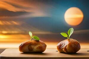 two small food items on a wooden board with a sunset in the background. AI-Generated photo