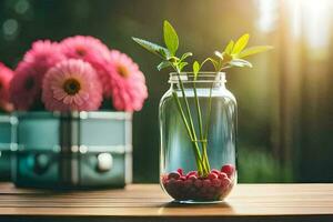 un florero con rosado flores y bayas en un mesa. generado por ai foto