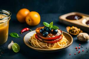spaghetti with tomatoes, blueberries and basil on a dark table. AI-Generated photo
