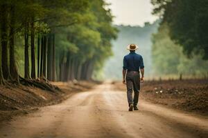 un hombre en un sombrero camina abajo un suciedad la carretera. generado por ai foto