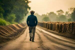 un hombre caminando abajo un suciedad la carretera en el medio de un campo. generado por ai foto