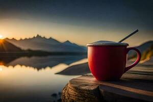 a red cup of coffee sits on a wooden table overlooking a lake. AI-Generated photo