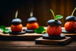 chocolate strawberries on a wooden tray. AI-Generated photo