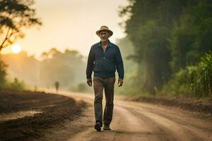 un hombre en un sombrero camina abajo un suciedad la carretera. generado por ai foto