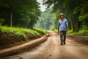 a man in a hat walks down a dirt road. AI-Generated photo