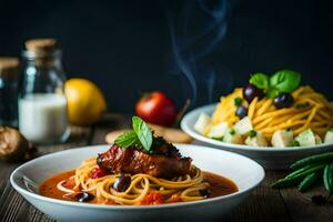 spaghetti with meat and vegetables in tomato sauce. AI-Generated photo