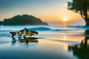 un pescado es caminando en el playa a puesta de sol. generado por ai foto