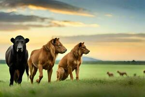 cuatro caballos son en pie en un campo. generado por ai foto