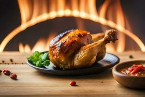 a roasted chicken on a plate in front of a fireplace. AI-Generated photo