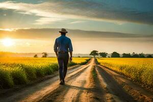 a man in a hat walks down a dirt road at sunset. AI-Generated photo