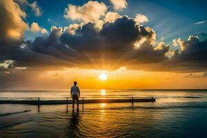 a man stands on a pier at sunset. AI-Generated photo