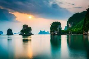 the sun sets over the water in vietnam. AI-Generated photo