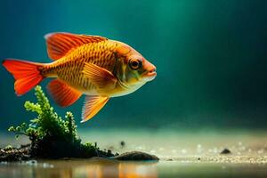 a fish is standing on the water with a green plant. AI-Generated photo