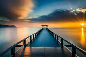 un largo exposición foto de un muelle a puesta de sol. generado por ai