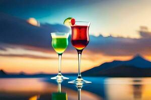 two glasses of cocktails on a table with a sunset in the background. AI-Generated photo