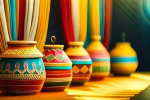 colorful pots lined up on a table with colorful curtains. AI-Generated photo