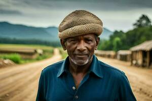 a man wearing a hat stands on a dirt road. AI-Generated photo