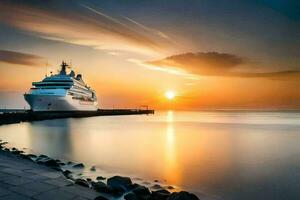 un crucero Embarcacion atracado a el muelle a puesta de sol. generado por ai foto