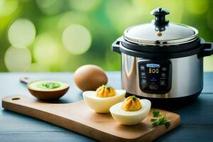 an instant pot with eggs and a wooden cutting board. AI-Generated photo