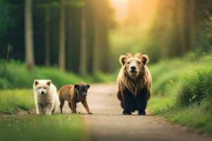 Tres perros y un oso caminando abajo un camino. generado por ai foto