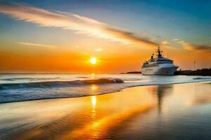 un crucero Embarcacion en el playa a puesta de sol. generado por ai foto