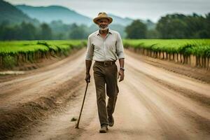 un hombre caminando abajo un suciedad la carretera con un caña. generado por ai foto