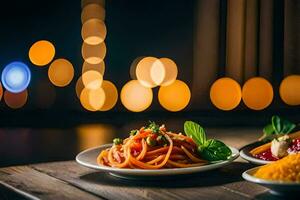 dos platos de pasta y vegetales en un mesa. generado por ai foto