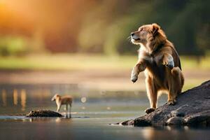 a lion standing on its hind legs in front of a river. AI-Generated photo