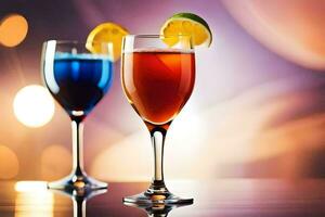 two glasses of colorful drinks with a lemon slice. AI-Generated photo
