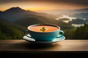 un taza de té en un mesa en frente de un hermosa vista. generado por ai foto