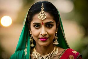 a beautiful indian woman wearing a green sari and jewelry. AI-Generated photo