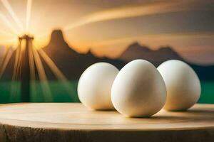 three eggs on a wooden table with a sunset in the background. AI-Generated photo