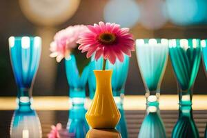 a vase with a pink flower in it and several blue vases. AI-Generated photo