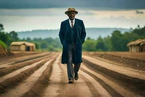 un hombre en un traje y sombrero caminando abajo un suciedad la carretera. generado por ai foto